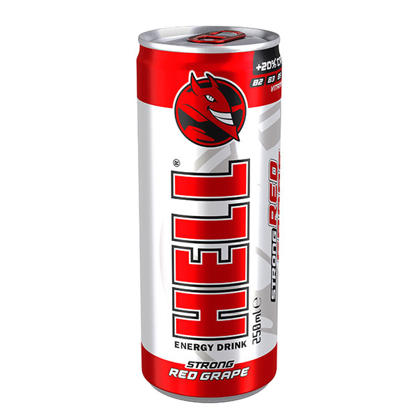 NÁPOJ ENERGETICKÝ HELL RED GRAPE 0.25l +20% KOFFEÍNU PLECH VRATNÝ OBAL